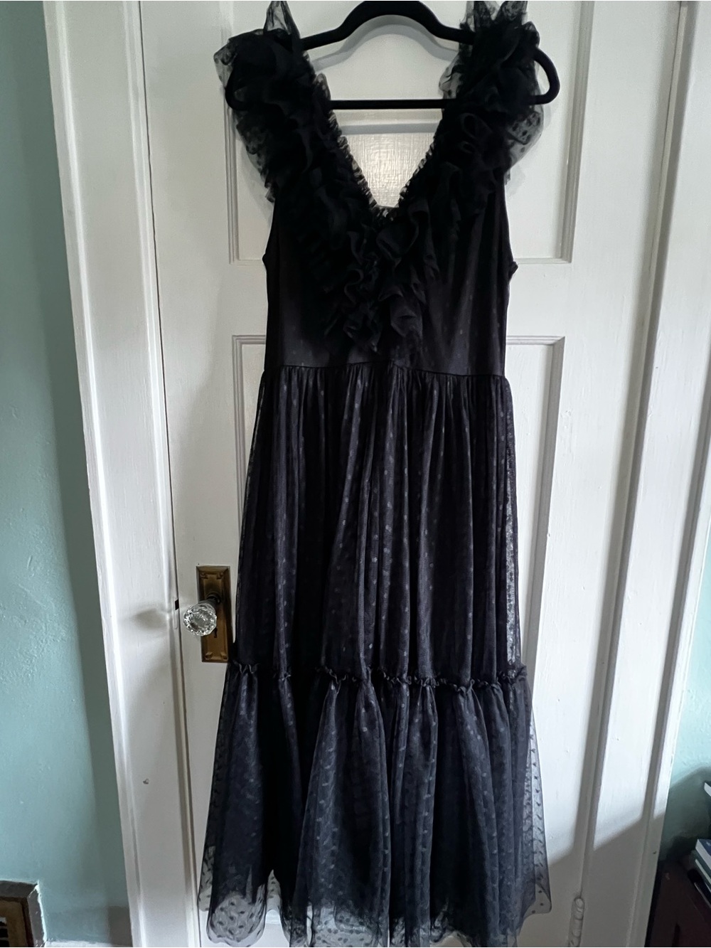 Black Ruffled V-Neck Tulle Midi Dress